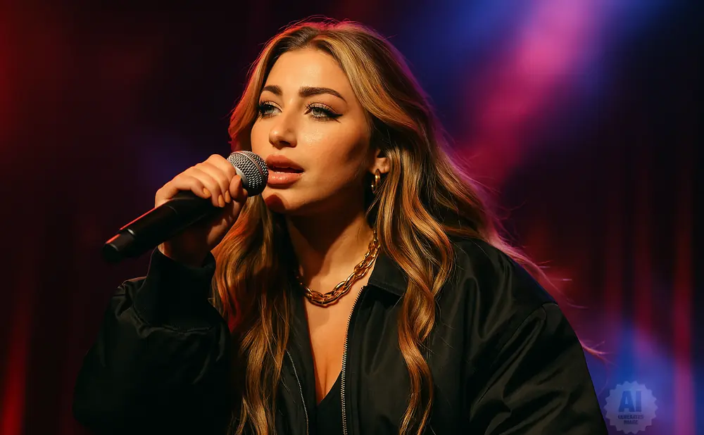 A singer performs on stage, holding a microphone and wearing a black jacket and gold necklace.