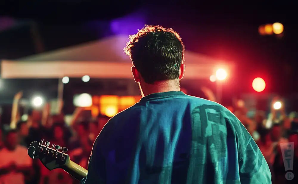 a rear view photo of ray bull performing a concert on stage to a lively audience