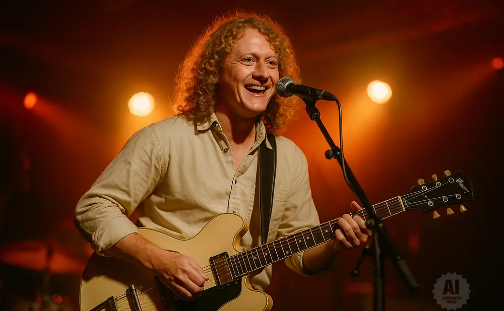 A blond, curly-haired musician smiles broadly while playing a cream-colored electric guitar under warm stage lights.