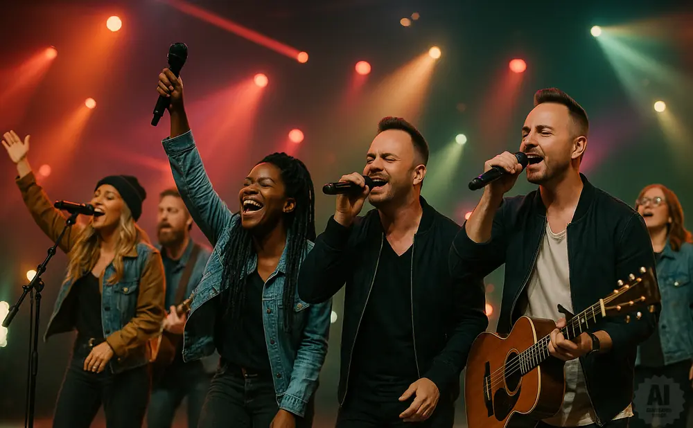A diverse choir sings joyfully on stage, illuminated by warm stage lights.