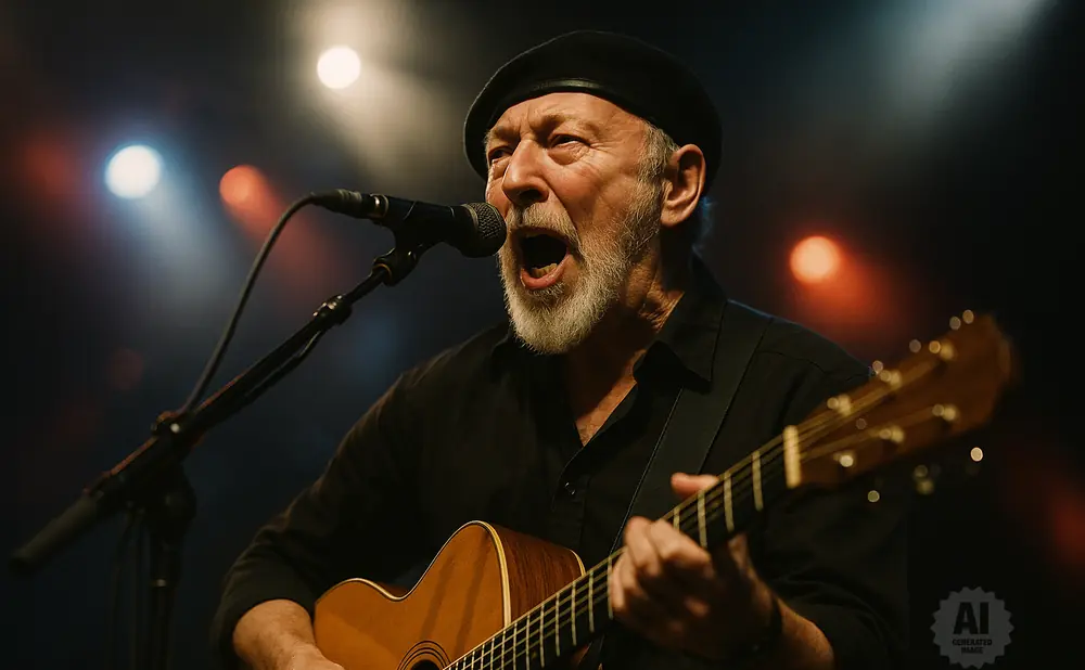 Musician in a black beret and shirt sings into a microphone while playing an acoustic guitar on stage.