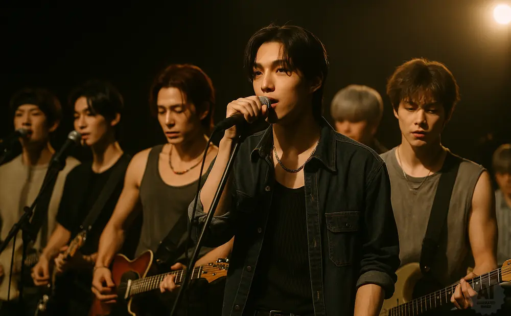 A band of young men performing on stage, with the lead singer at the front holding a microphone.