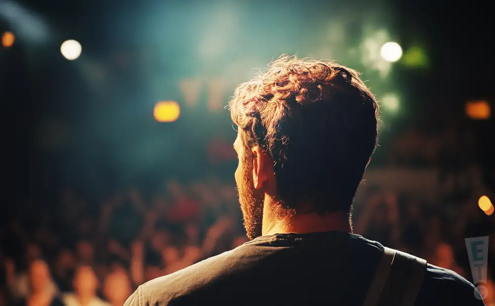a rear view photo of robin pecknold performing a concert on stage to a lively audience