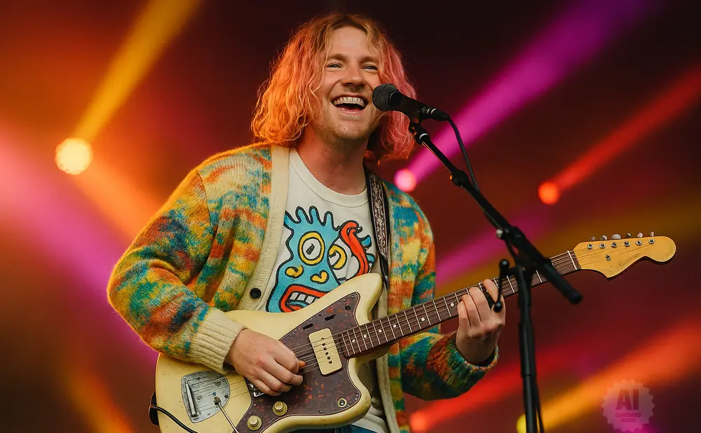 A male musician with blond hair smiles as he plays a cream-colored Fender Jazzmaster guitar on stage under colorful lights.