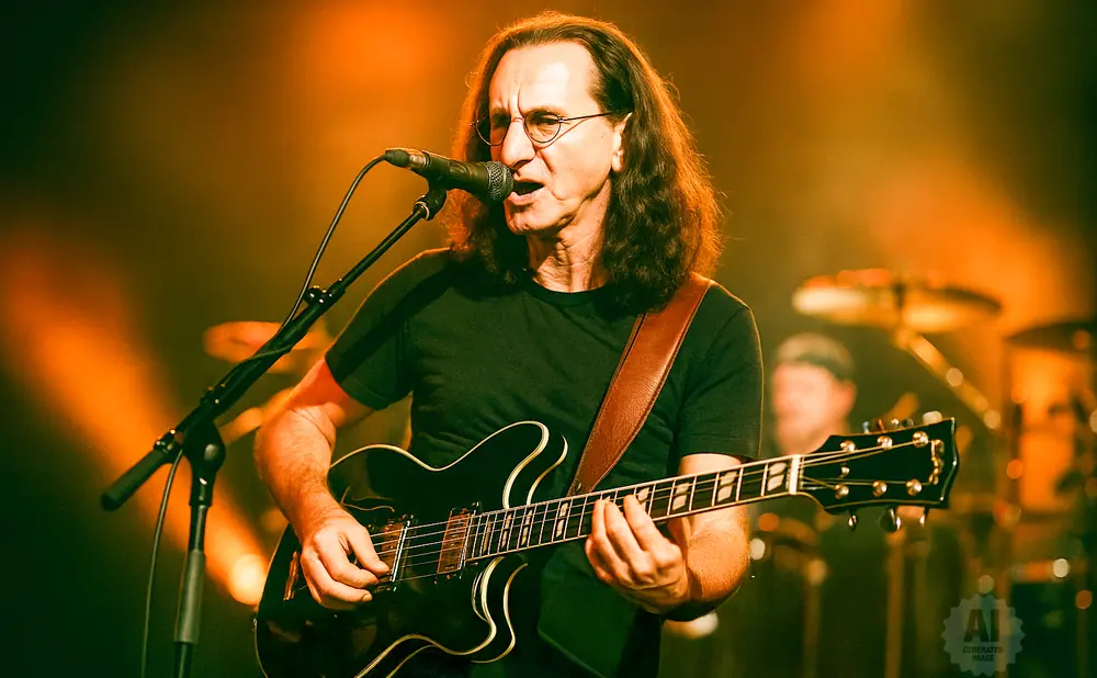 A man with long hair and glasses plays a black electric guitar and sings into a microphone on stage.