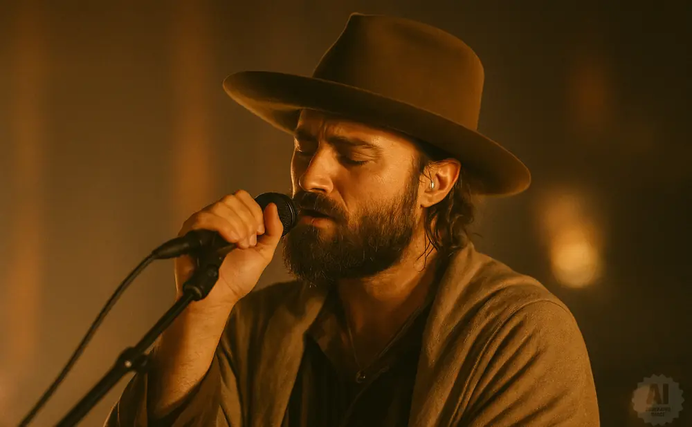 Man with a beard and hat singing into a microphone, with warm lighting.