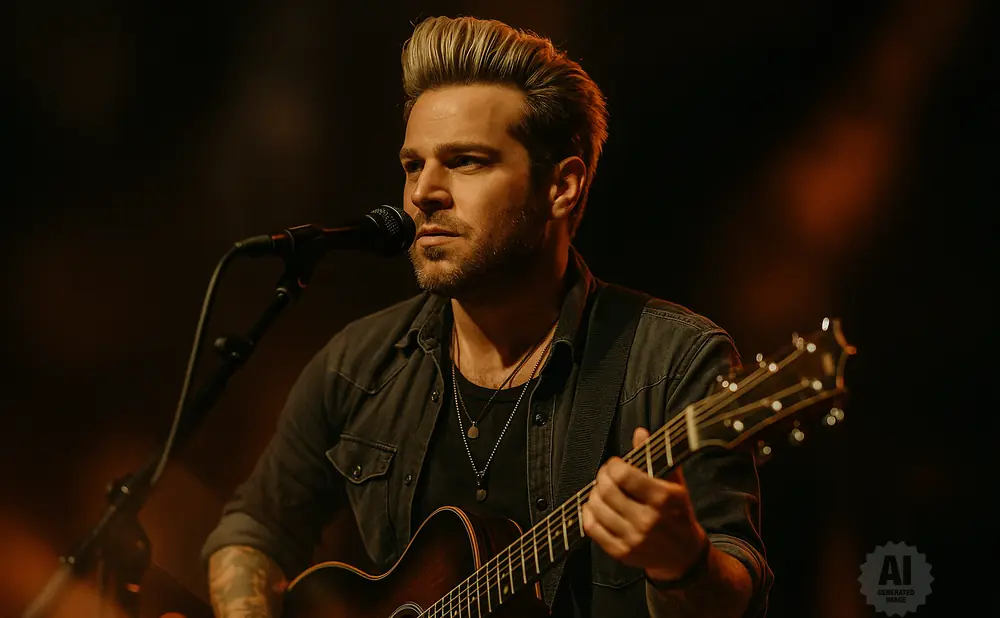 A man with blonde hair plays an acoustic guitar and sings into a microphone on stage.