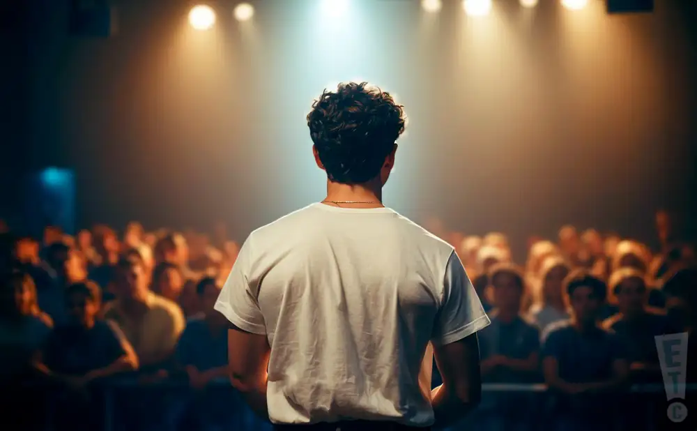 a rear view photo of ryan mack performing a concert on stage to a lively audience