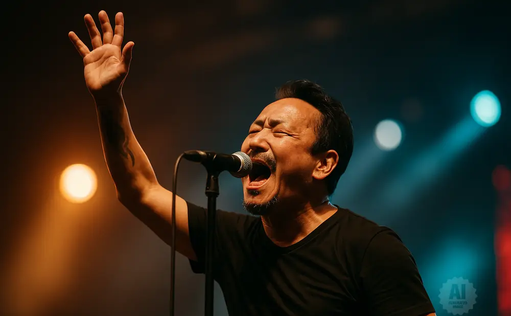 A man sings into a microphone with his hand raised, bathed in stage lighting.