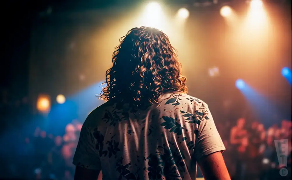 a rear view photo of saltwater slide performing a concert on stage to a lively audience