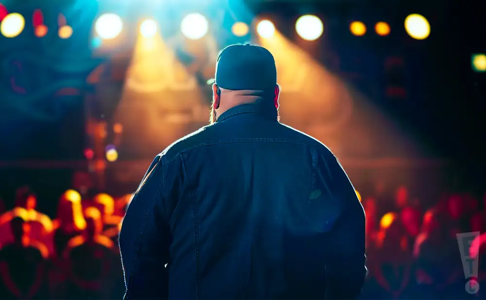 a rear view photo of sam grow performing a concert on stage to a lively audience