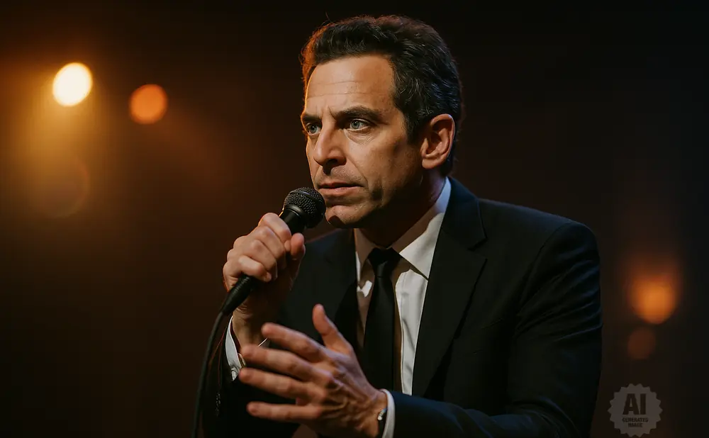 A man in a black suit and tie holds a microphone and speaks into it, with warm lights in the background.