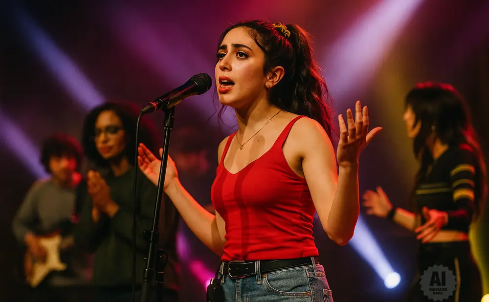 Singer in red top and jeans performs on stage with bandmates in the background.