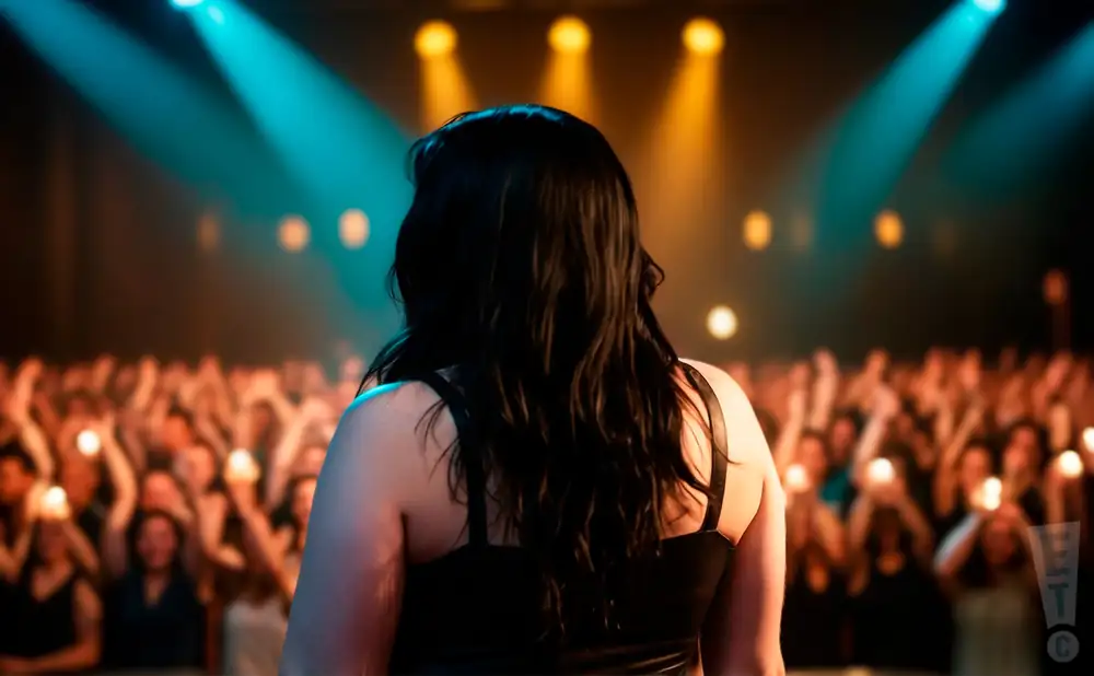 a photograph from behind stacey savage of the metal band savage master performing on stage in front of a large audience