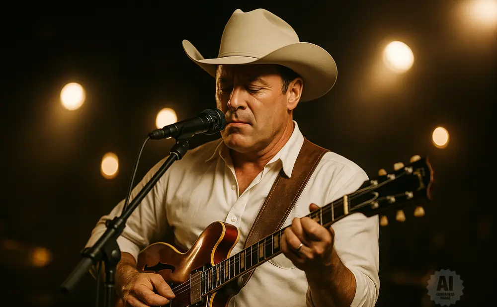 A cowboy in a white shirt and hat plays an acoustic guitar into a microphone.