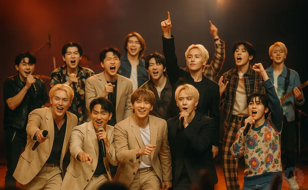 A K-pop group of ten young men in stylish suits and casual wear sing and perform on stage with microphones and a guitar.
