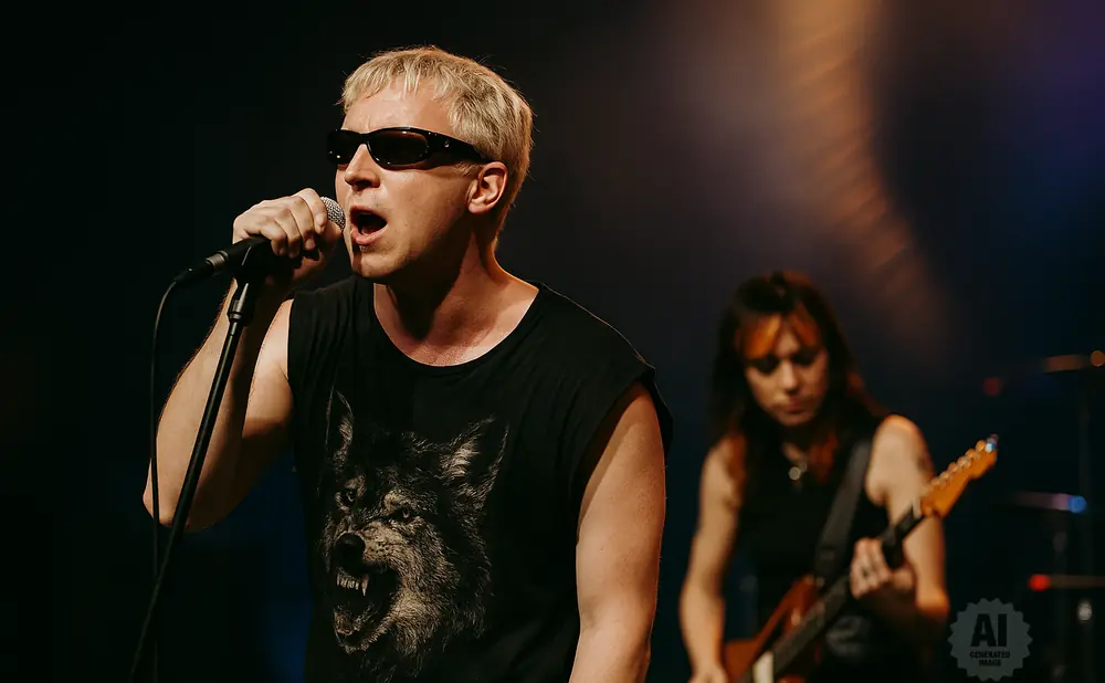 Man in sunglasses sings into a microphone on stage, with a woman playing guitar in the background.