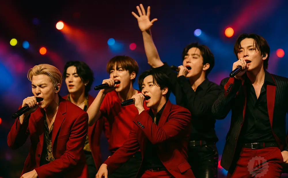 A K-pop group of six young men in red and black suits perform onstage, singing into microphones.