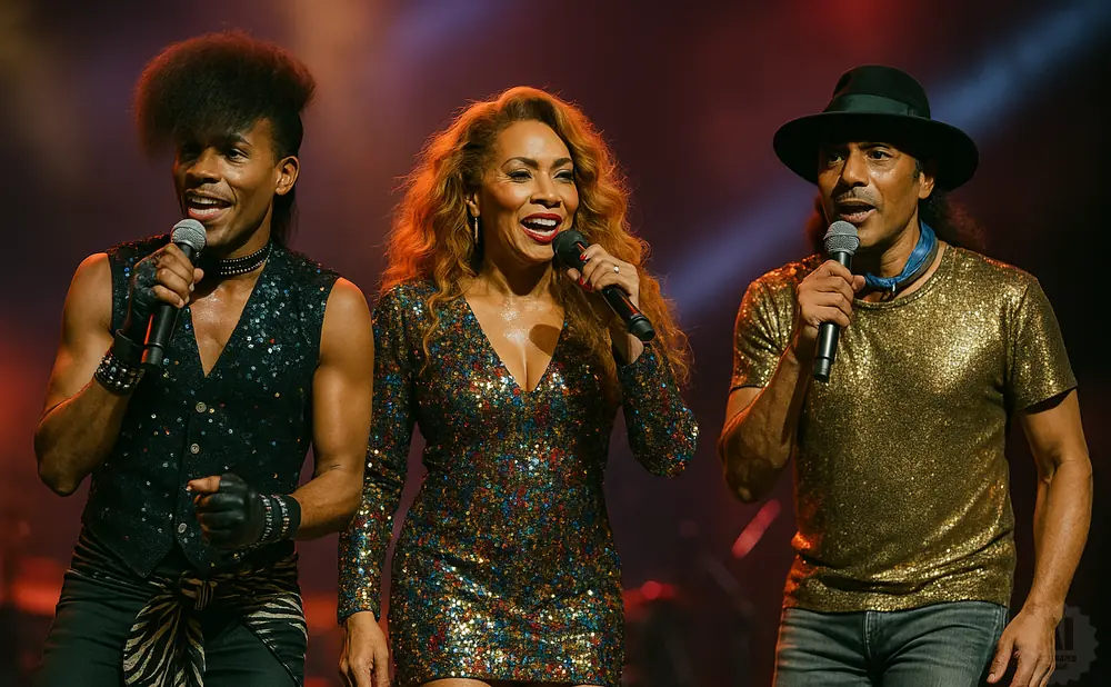 A trio of performers on stage, two men and a woman, wearing sequined outfits and holding microphones.