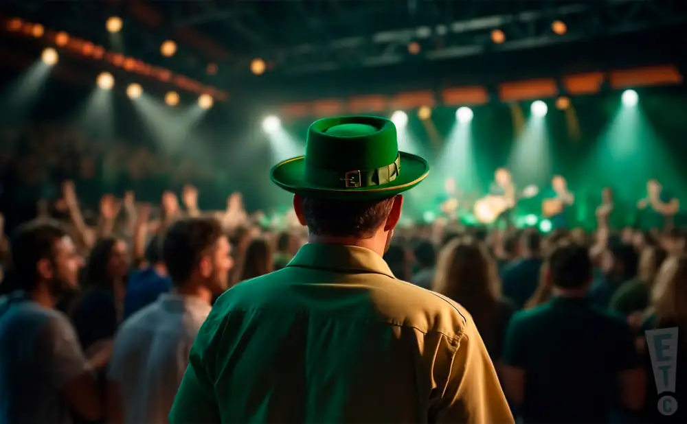 a rear view photo of shamrock n roll performing a concert on stage to a lively audience