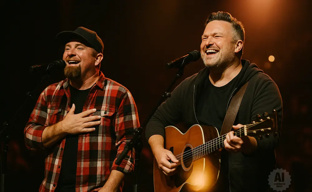 Two men singing and playing guitar on stage with microphones and warm lighting.