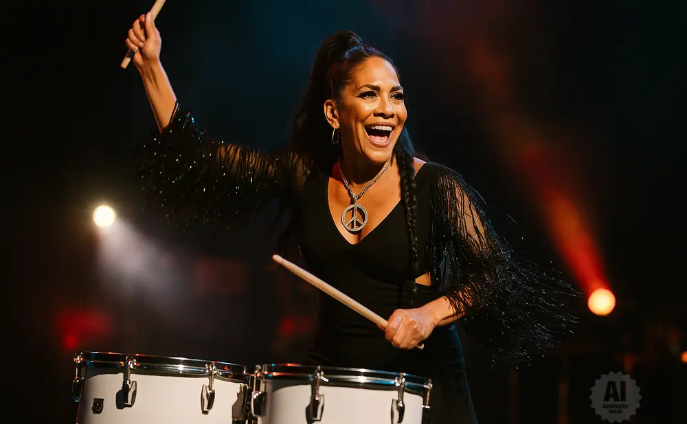 A woman with a peace sign necklace plays drums on stage, smiling and holding drumsticks.