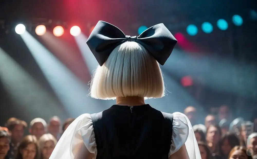 a rear view photo of sia performing a concert on stage to a lively audience