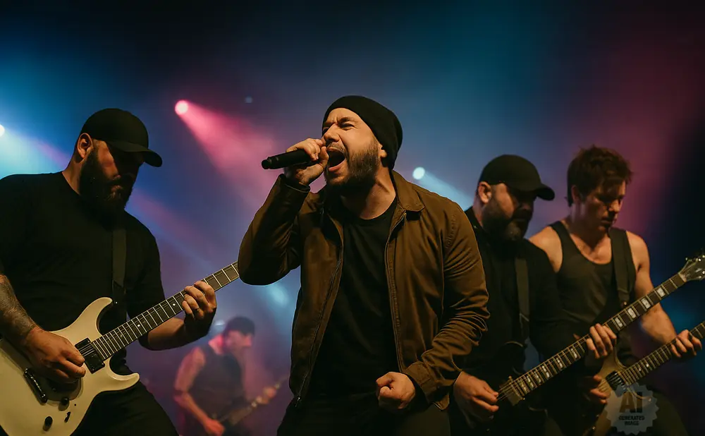 A band performs on stage with a singer in the foreground and guitarists on either side.