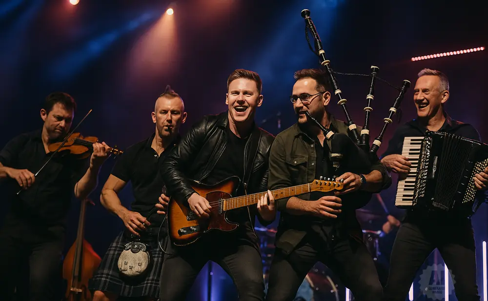 A band performs on stage. From left to right, a man plays the violin, another plays bagpipes and guitar, a third plays guitar, and the fourth plays the …
