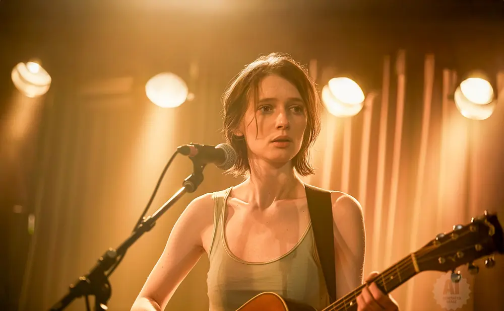 A woman plays an acoustic guitar on stage, bathed in warm spotlight.