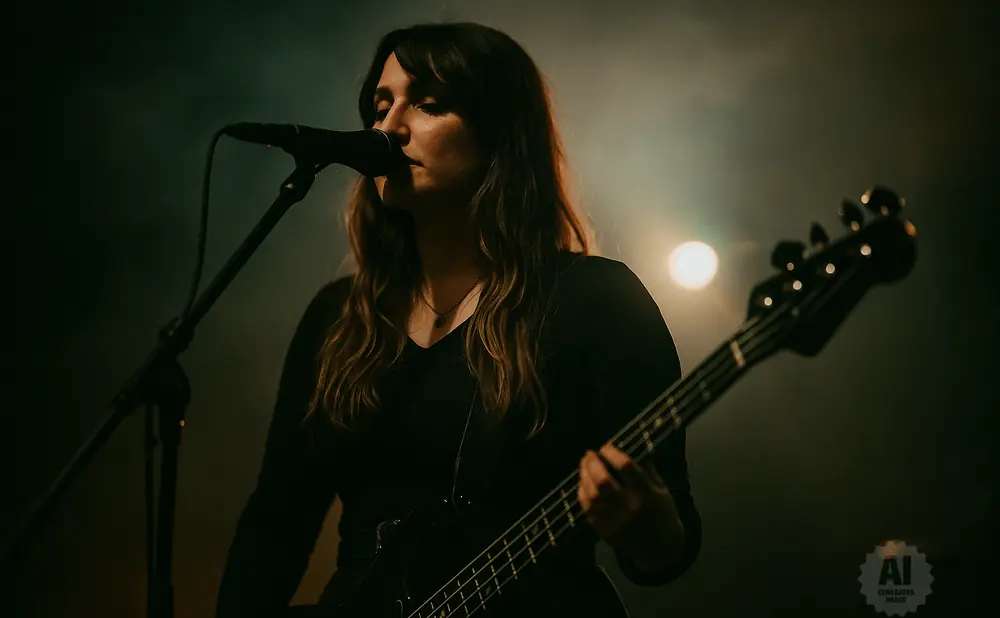 A woman sings into a microphone while playing a black bass guitar on stage, with a bright light behind her.