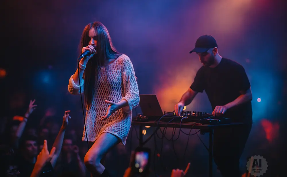 A female singer performs into a microphone while a DJ plays music behind her.