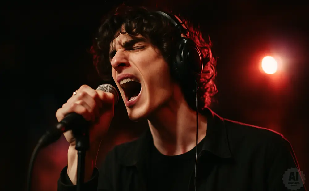 A man with curly hair sings passionately into a microphone while wearing headphones, lit by red stage lights.