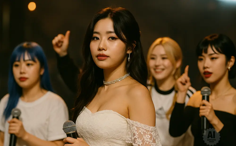 A group of four women in a room with the lead woman in the foreground wearing a white off-the-shoulder dress.