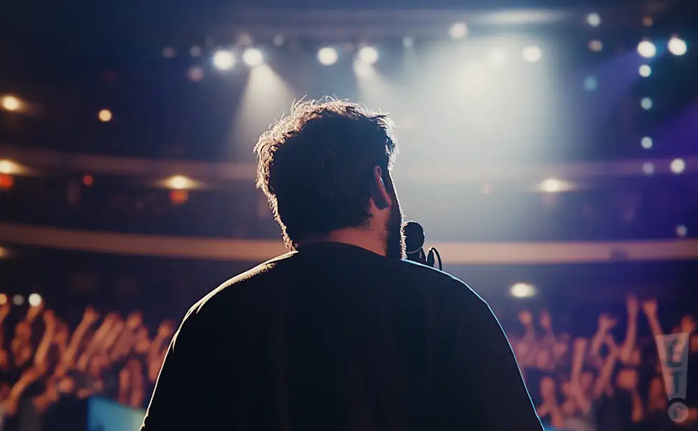 a rear view photo of stephen stanley performing a concert on stage to a lively audience