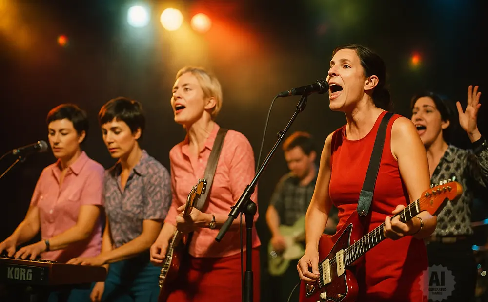 A band performs on stage with colorful lights in the background.