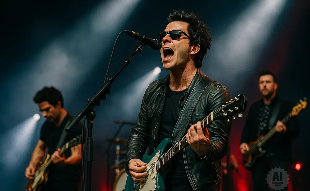 A male singer with sunglasses and a leather jacket sings into a microphone while playing a guitar.