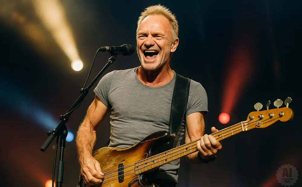 Sting sings and plays bass guitar on stage with bright stage lights.