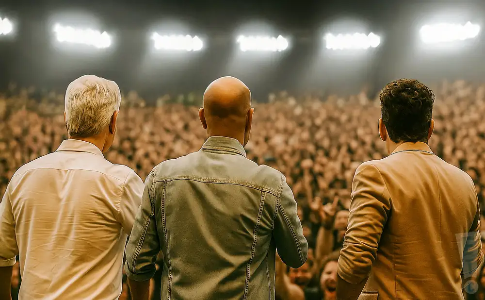 a rear view photo of subete a mi moto performing a concert on stage to a lively audience