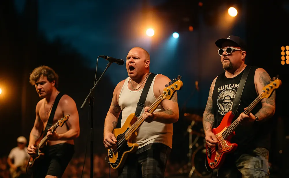 Three men playing bass guitars on stage with lights in the background.