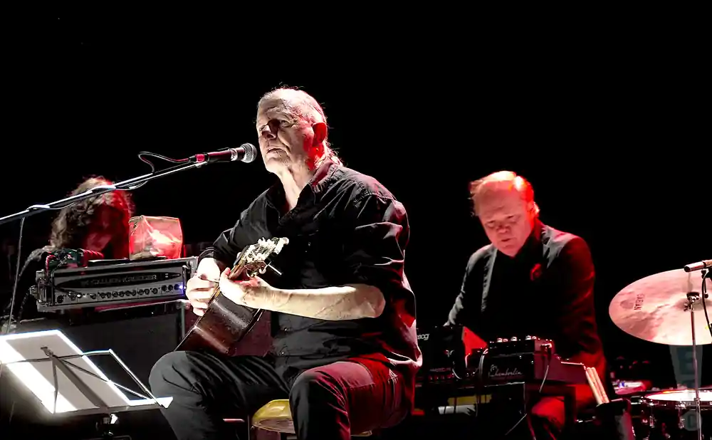 swans lead singer singing while playing the guitar