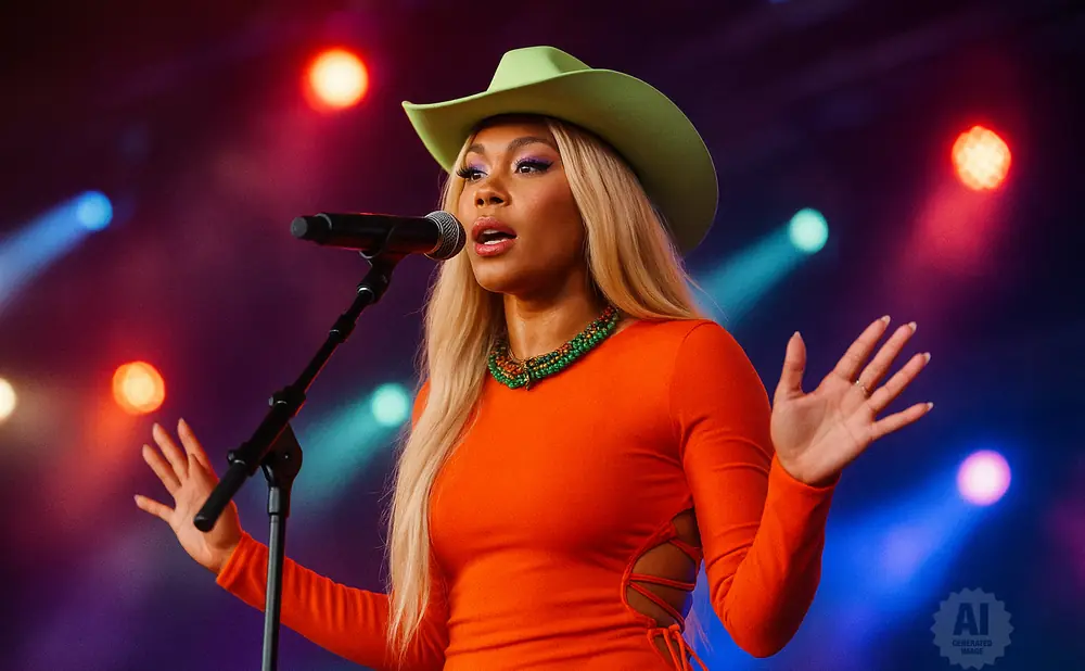 Singer in a green cowboy hat and orange dress performs on stage with colorful lights.