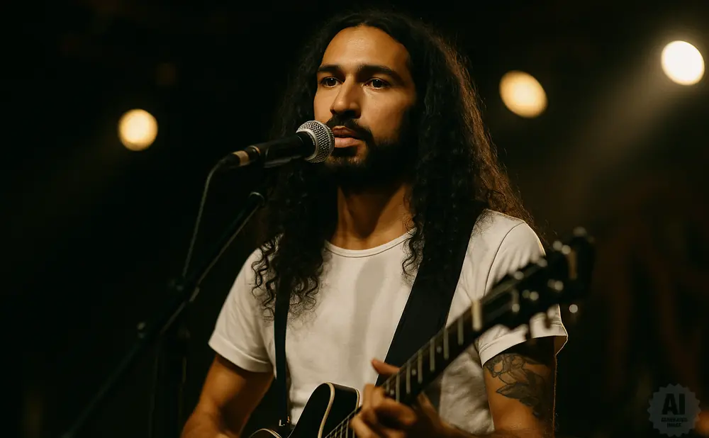 A man with long curly hair plays an electric guitar and sings into a microphone on a dimly lit stage.