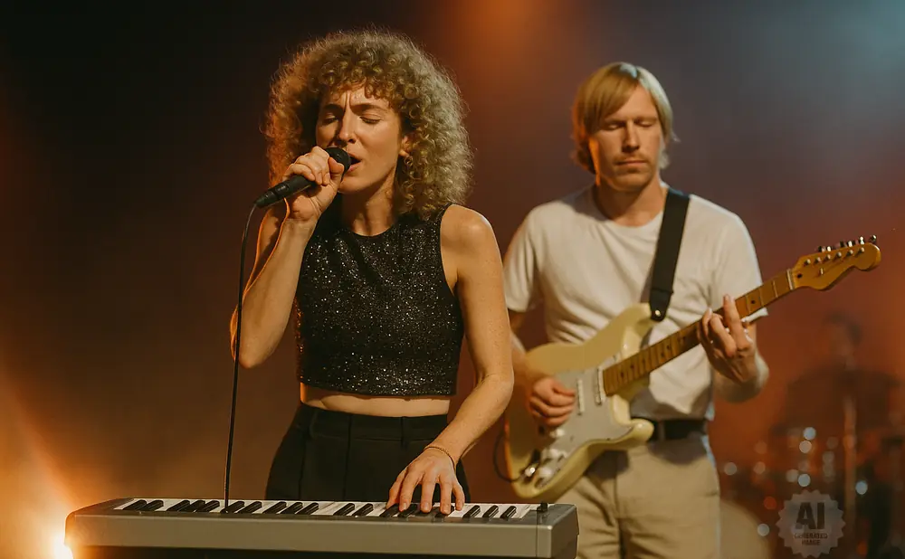 Woman with curly hair sings into a microphone while playing a keyboard; a man plays guitar behind her.