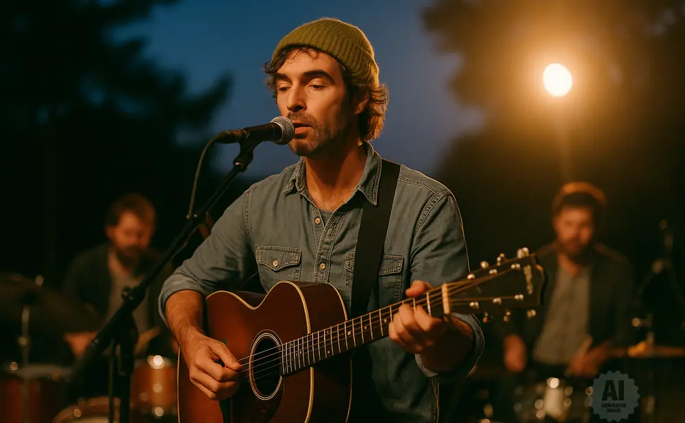 Man in a green beanie playing an acoustic guitar and singing into a microphone, with a drummer in the background.