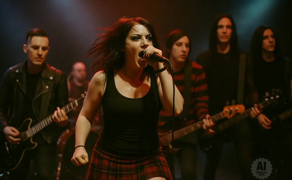A female singer screams into a microphone while a band plays guitars on stage.