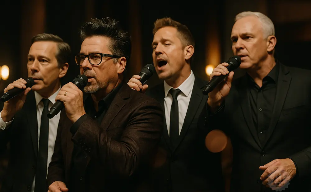 Four men in suits sing into microphones in a dimly lit setting.