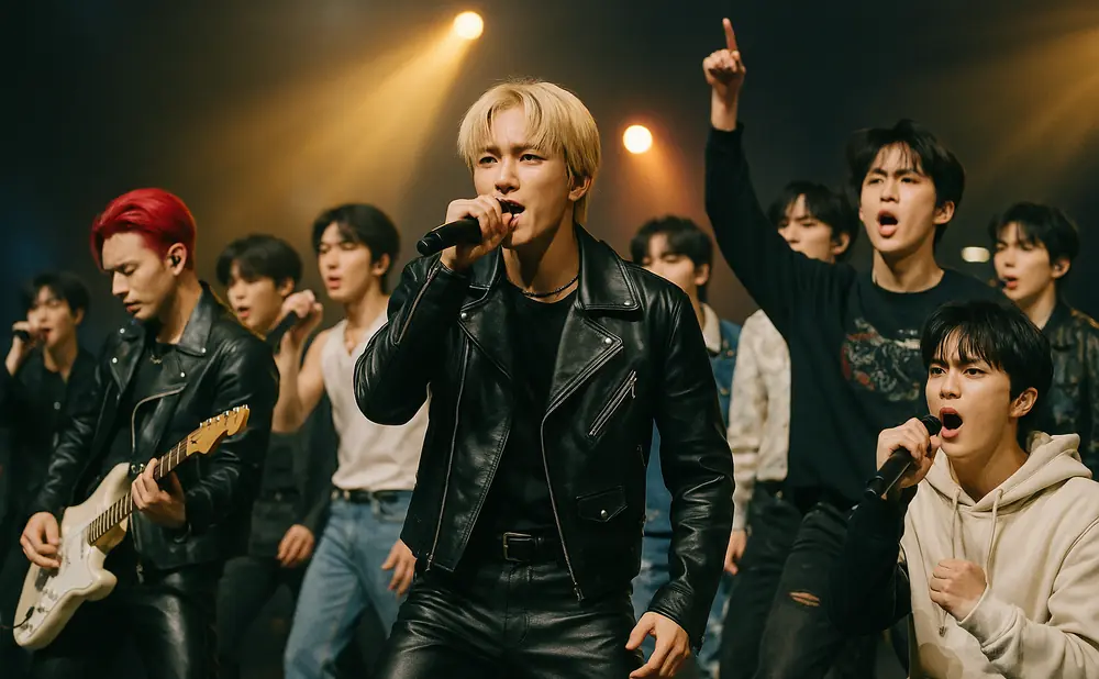 A group of young men performing on stage, with one in the front singing into a microphone and another playing a guitar.