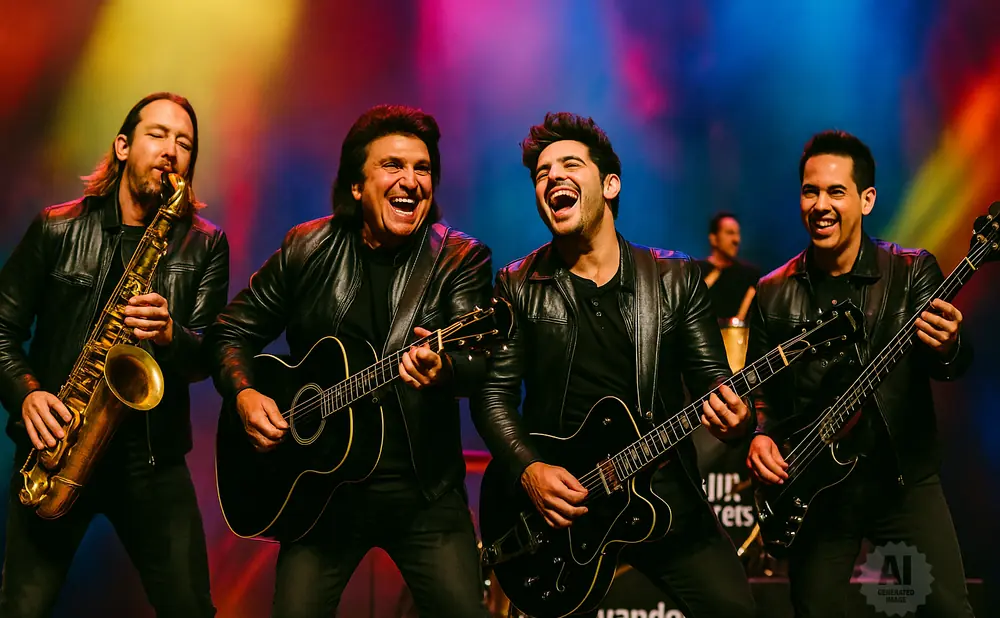 Four men in black leather jackets performing on stage. One plays the saxophone, two play guitars, and one plays the bass.