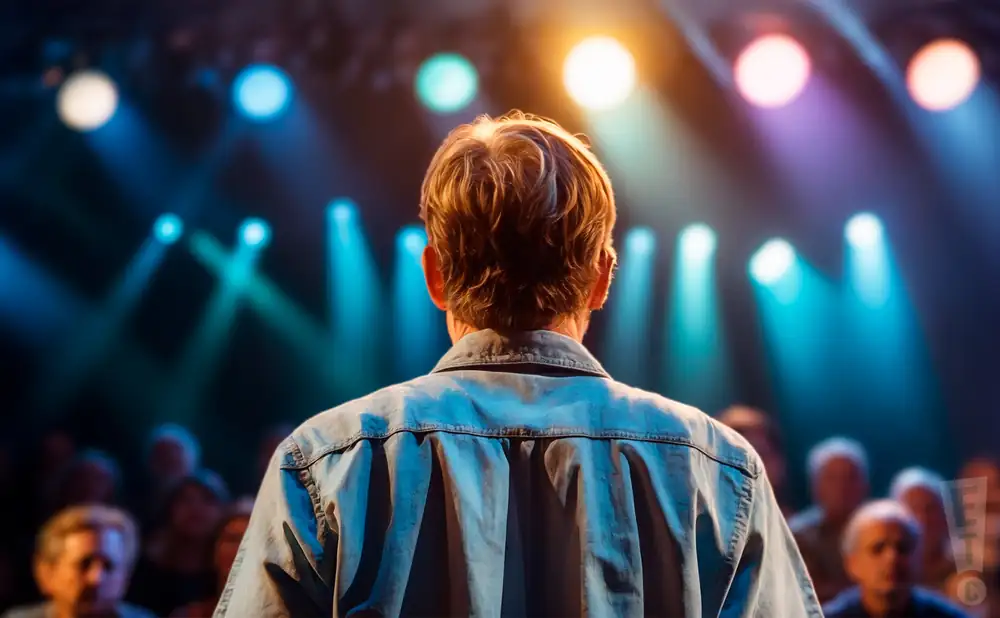 a rear view photo of the clientele performing a concert on stage to a lively audience
